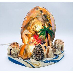 Vintage 60s seaside lamp, seashell, seahorse palm tree, kitsch nautical decor
